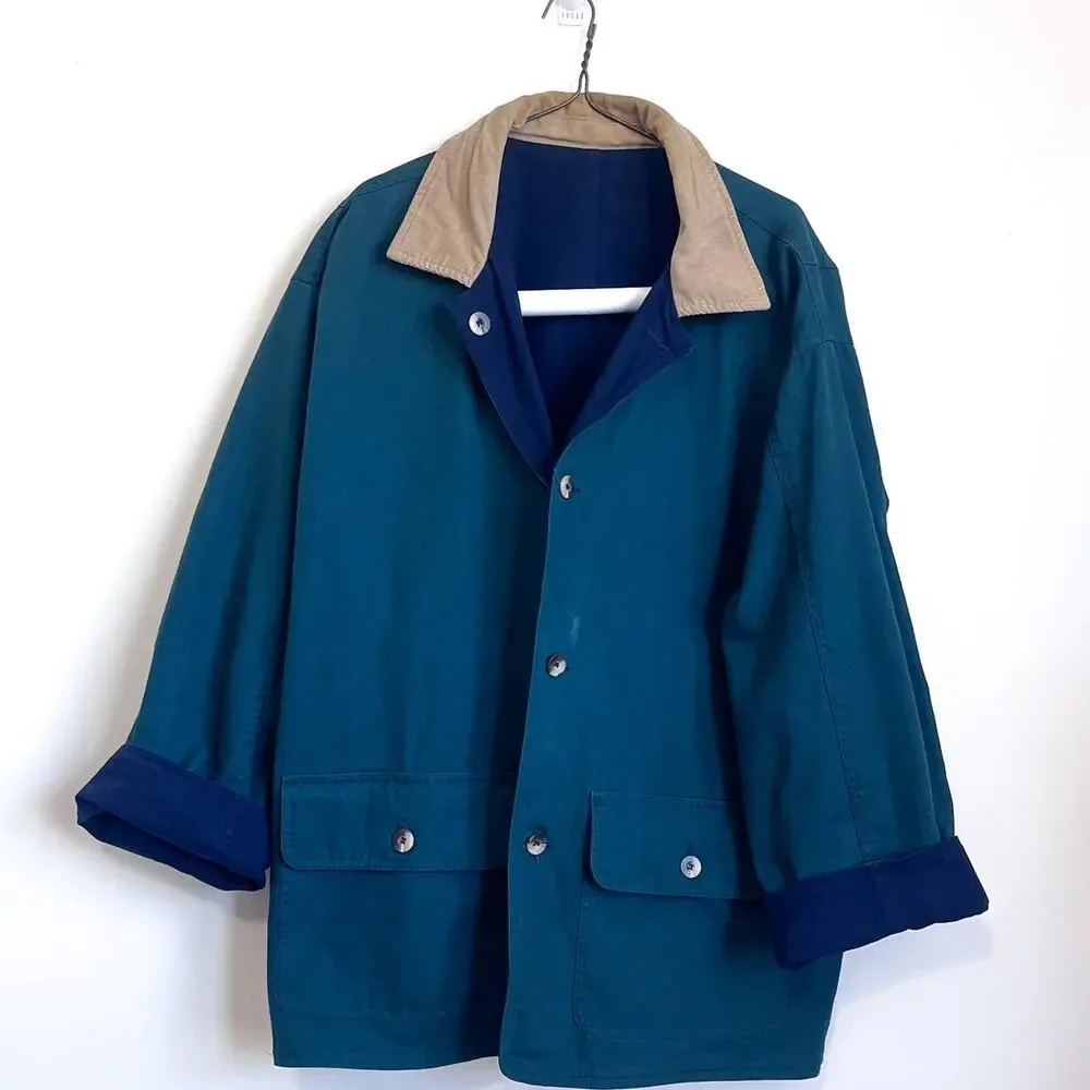 Vintage 90s Chore Barn Mens Jacket Size XL Blue Green Reversible Corduroy Collar